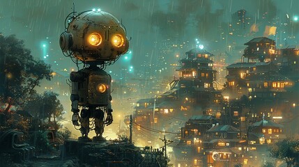 Poster - A robot stands on a hill overlooking a city at night