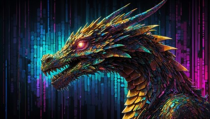 Wall Mural - A glitched, pixelated dragon made of neon circuitry, its metallic scales shining against a backdrop of corrupted data and glitch effects