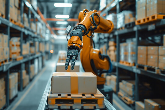 A robot arm is reaching for a box in a warehouse