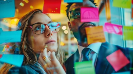 Wall Mural - colleagues brainstorming with sticky notes