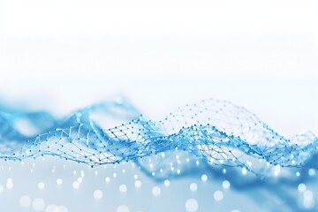 Abstract blue connection dots and lines on a white background, depicting a technological network concept in the style of a vector illustration with a polygonal mesh line for a digital banner design or