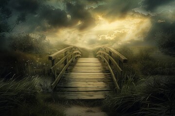 Wall Mural - A bridge leading from a stormy landscape to a sunny meadow, embodying the journey to recovery from depression