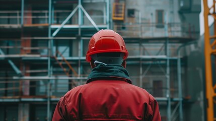Wall Mural - Rear view of a construction worker wearing a red hard hat and jacket at a scaffolded building site.