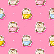 Seamless pattern with cute cartoon bear shaped cupcakes stickers - kawaii background with asian sweets for Your design