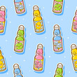 Seamless pattern with ramune japanese lemonades stickers with different flavors in glass bottle on blue background
