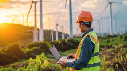 Wall Mural - Engineer with hard hat and laptop works at a wind farm during sunset, monitoring renewable energy.