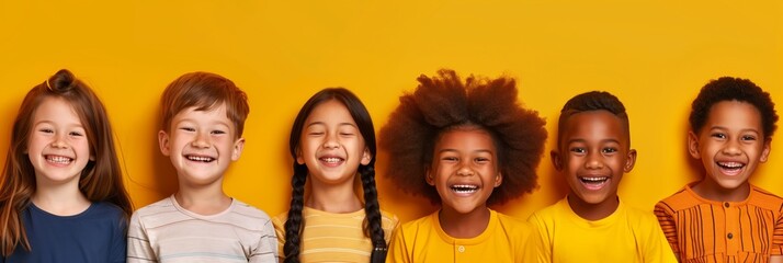 Wall Mural - Diverse group of six joyful children laughing on a yellow background, showcasing happiness and friendship.