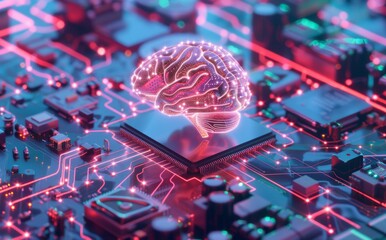 3d render of artificial intelligence concept with human brain on microchips and computer chipboard, digital technology background