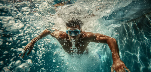 Sticker - Dynamic underwater shot of a male swimmer in motion, wearing goggles and swimming energetically.