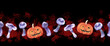 Watercolor Halloween seamless border . Scary Pumpkin, violet purple mushrooms and dried tree branches frame.