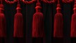 Red decorative tassels hanging on a curtain rope against a dark background.