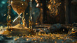
A cinematic depiction of an hourglass with broken glass and sand leaking from it, with ancient magic talismans on it. The background is a little blurry, the lighting is somewhat depressing and dark