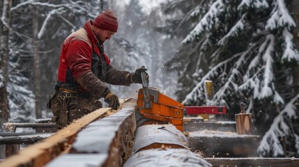 Lumberjack operating a chainsaw to cut a log in a snowy forest, wearing winter work gear.