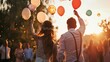 © Dennis - Couple releasing balloons at the wedding party. Copy Space