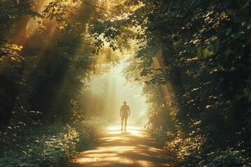 Wall Mural - A person walking from a darkened forest into a sunlit clearing, feeling renewed hope and positivity