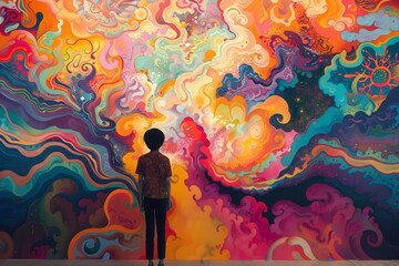 Wall Mural - A person standing in front of a large, previously unblemished canvas that begins to fill with vibrant colors and patterns, symbolizing the return of creative inspiration
