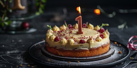 Canvas Print - Elegant first birthday cake decorated with raspberries, cream swirls, and a lit number one candle.