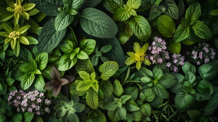 Poster - Lush greenery of various herbs and plants, showcasing textures and vibrant hues with scattered pink flowers.