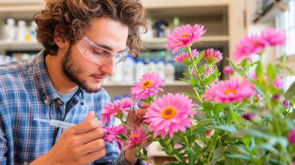 Wall Mural - Homeopathic doctor from future, in his laboratory studying a flower, to extract its essence for remedies.