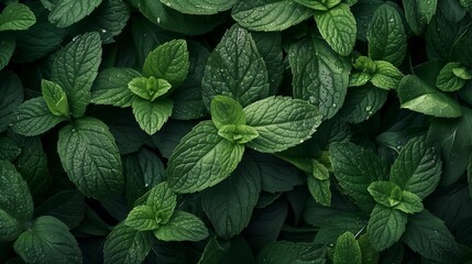 Poster - Close-up view of lush green mint leaves with dew drops, showcasing vibrant textures and freshness.