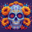 Seamless pattern with sugar skull and flowers.