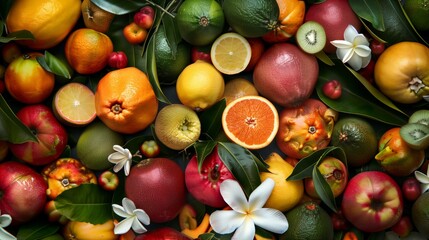 Sticker - Vibrant collection of fresh fruits with plumeria flowers and lush leaves, showcasing a variety of textures and colors.