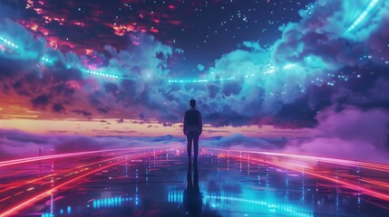 Wall Mural - A business man stands on the platform, with futuristic neon lights in front of him and behind them is an endless circular space.  