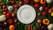 A vibrant display of fresh vegetables surrounding an empty white plate on a textured, dark background.