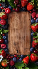 Sticker - Colorful assortment of fresh berries framing a vintage wooden board, ideal for copy space.