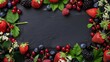Assorted fresh berries artistically arranged on a dark slate background, with copy space.