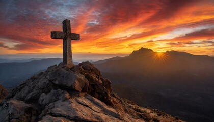 Poster - A Stone Cross Embedded in the Rugged Terrain of a Mountain Peak