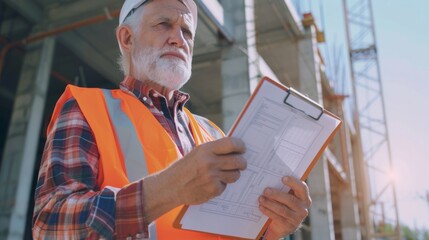 Wall Mural - Senior Engineer Reviewing Construction Plans