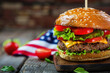 Delicious hamburger with condiments for USA 4th July Independence day celebration