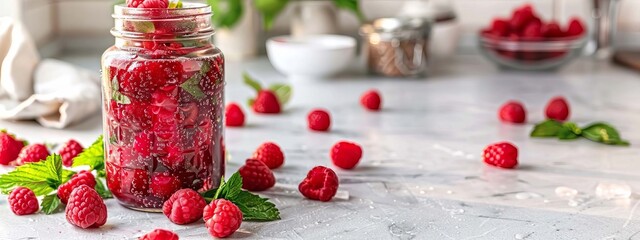 Wall Mural - Glass of raspberry smoothie on white table, Generative AI,