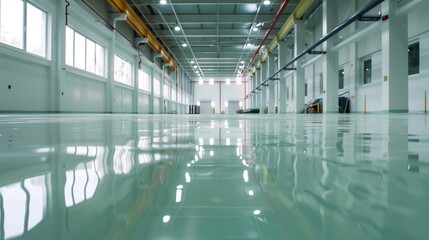 Canvas Print - Low angle view of a glossy self-leveling floor in a spacious industrial facility.