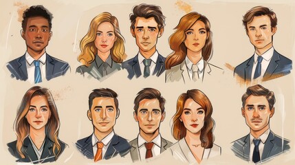 A grid of 10 professional headshots of men and women with various skin tones and hairstyles, all wearing suits or formal business attire. The background is a light beige color.