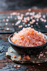 Wall Mural - Pink himalayan salt in bowl on wooden table