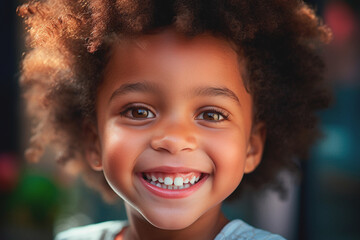 Smiling child, reassured by access to health and dental plans. Health and dentistry plan.