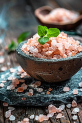 Wall Mural - Pink himalayan salt in bowl on wooden table