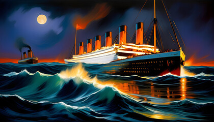 Wall Mural - A painting of the Titanic sinking in a dark sea with rough waves and the moon shining above
