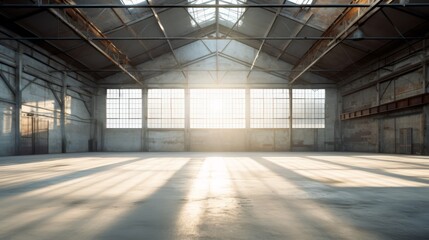 Wall Mural - Spacious, vacant warehouse floor with natural light streaming through skylights, subtle shadows on ground,