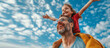 © T-elle - Happy father's day. Father and daughter playing superheroes under a bright sky, with the child riding on the father's shoulders, radiating happiness