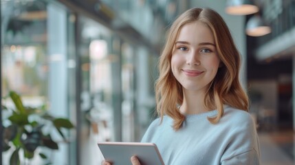 Wall Mural - A Smiling Woman with Tablet