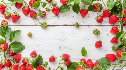 Wall Mural - Fresh strawberries with leaves scattered on a white wooden background, suitable for copy space.