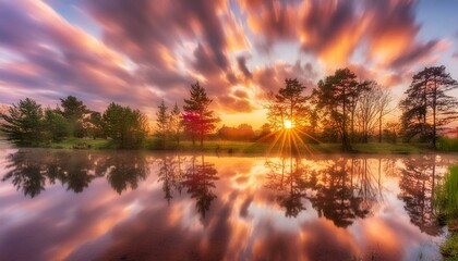 Wall Mural - an explosion of colors during sunrise on a cloudy morning, with the reflection in water and trees washing by sunlight