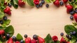 Fresh assorted berries and green leaves arranged on a wooden background with copious copy space.