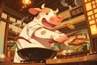 anime style illustration, cow chef is cooking