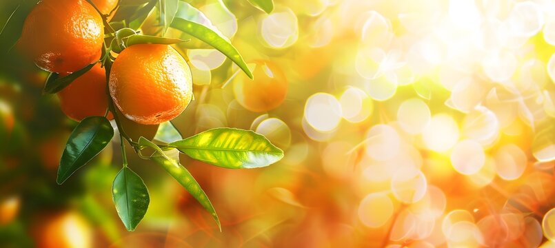 Orange tree with ripe oranges on blurred glitter background.