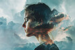 A double exposure portrait of a young fair-skinned woman with a dramatic thunderstorm.