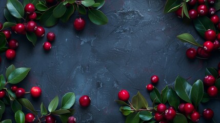 Sticker - Vibrant red cranberries with lush green leaves scattered on a dark textured background.